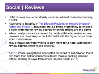 Social | Reviews
• Hotel reviews are tremendously important when it comes to choosing
a hotel.
• According to TrustYou (“The Effect of Reviews on Hotel Conversion
Rates and Pricing”), Travelers are 3.9 times more likely to choose
a hotel with higher review scores when the prices are the same
• When hotel prices are increased for hotels with better review scores,
travelers are more likely to book the hotel with the higher score even
when it costs more
• 76% of travelers were willing to pay more for a hotel with higher
review scores, when asked explicitly.
• A 2013 PhoCusWright poll, conducted on behalf of TripAdvisor, found
that more than half of consumers do not make a booking decision
without reading reviews from others (source: Skyft, 2015)
 