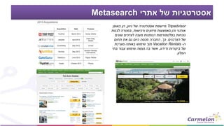 ‫אתרי‬ ‫של‬ ‫אסטרטגיות‬Metasearch
Tripadvisor‫גיוון‬ ‫של‬ ‫אסטרטגיה‬ ‫מיישמת‬,‫באופן‬ ‫הן‬
‫ורכישות‬ ‫מיזוגים‬ ‫באמצעות‬ ‫והן‬ ‫אורגני‬,‫לבנות‬ ‫במטרה‬
‫שונים‬ ‫לצרכים‬ ‫מענה‬ ‫הנותנות‬ ‫בפלטפורמות‬ ‫נוכחות‬
‫הצרכנים‬ ‫של‬.‫כך‬,‫תחום‬ ‫את‬ ‫גם‬ ‫כיום‬ ‫מכסה‬ ‫החברה‬
‫ה‬-Vacation Rentals‫מערכת‬ ‫באותה‬ ‫שימוש‬ ‫תוך‬
‫ודירוג‬ ‫ביקורות‬ ‫של‬,‫בתי‬ ‫עבור‬ ‫שימוש‬ ‫נעשה‬ ‫בה‬ ‫אשר‬
‫המלון‬.
 