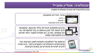 ‫טכנולוגיה‬:‫ומובייל‬ ‫אונליין‬
‫מחפשים‬ ‫התיירות‬ ‫צרכני‬:
•‫ניידות‬
•‫גמישות‬
•‫אמת‬ ‫בזמן‬ ‫נגיש‬ ‫מידע‬
‫מורגשת‬ ‫בלתי‬ ‫חיבוריות‬ ‫מחפשים‬ ‫צרכנים‬,‫שתאפשר‬
‫בה‬ ‫פלטפורמה‬ ‫בכל‬ ‫בו‬ ‫שיחפצו‬ ‫תוכן‬ ‫לכל‬ ‫לגשת‬ ‫להם‬
‫נמצאים‬ ‫הם‬.‫כן‬ ‫כמו‬,‫מורגש‬ ‫בלתי‬ ‫למעבר‬ ‫מצפים‬ ‫הם‬
‫שונות‬ ‫פלטפורמות‬ ‫בין‬.
‫הנה‬ ‫הנסיעות‬ ‫לשוק‬ ‫החכמים‬ ‫הטלפונים‬ ‫של‬ ‫כניסתם‬
‫ביותר‬ ‫החשובים‬ ‫הטכנולוגיים‬ ‫מהפיתוחים‬,‫צפויה‬ ‫והיא‬
‫הקרובות‬ ‫בשנים‬ ‫גם‬ ‫מהותיים‬ ‫לשינויים‬ ‫להביא‬.
Source: Euromonitor International, PWC, IHRA
‫הטכנולוגיים‬ ‫השינויים‬ ‫את‬ ‫מוביל‬ ‫הטיולים‬ ‫צרכן‬‫בתעשיה‬.
 