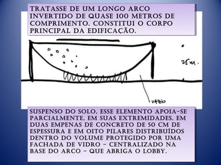 TraTasse de um longo arco
 TraTasse de um longo arco
inverTido de quase 100 meTros de
 inverTido de quase 100 meTros de
comprimenTo. consTiTui o corpo
 comprimenTo. consTiTui o corpo
principal da edificação.
 principal da edificação.




suspenso do solo, esse elemenTo apoia-se
 suspenso do solo, esse elemenTo apoia-se
parcialmenTe, em suas exTremidades, em
 parcialmenTe, em suas exTremidades, em
duas empenas de concreTo de 50 cm de
 duas empenas de concreTo de 50 cm de
espessura e em oiTo pilares disTribuídos
 espessura e em oiTo pilares disTribuídos
denTro do volume proTegido por uma
 denTro do volume proTegido por uma
fachada de vidro - cenTralizado na
 fachada de vidro - cenTralizado na
base do arco - que abriga o lobby.
 base do arco - que abriga o lobby.
 