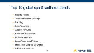 Top 10 global spa & wellness trends
 •  Healthy Hotels
 •  The Mindfullness Massage
 •  Earthing
 •  Spa-Genomics
 •  Ancient Revivals
 •  Color Self-Expression
 •  Inclusive Wellness
 •  Label-Conscious Fitness
 •  Men: From Barbers to “Brotox”
 •  Where the Jobs Are
                                    29
 