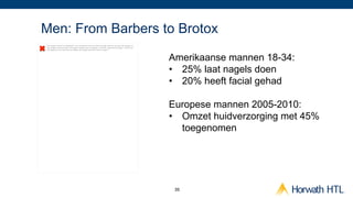 Men: From Barbers to Brotox
The image cannot be displayed. Your computer may not have enough memory to open the image, or
the image may have been corrupted. Restart your computer, and then open the ﬁle again. If the red x
still appears, you may have to delete the image and then insert it again.




                                                                                                      Amerikaanse mannen 18-34:
                                                                                                      •  25% laat nagels doen
                                                                                                      •  20% heeft facial gehad

                                                                                                      Europese mannen 2005-2010:
                                                                                                      •  Omzet huidverzorging met 45%
                                                                                                         toegenomen




                                                                                                       35
 