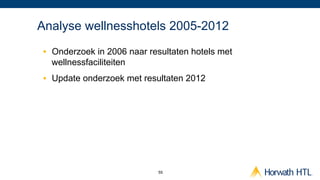 Analyse wellnesshotels 2005-2012
 •  Onderzoek in 2006 naar resultaten hotels met
    wellnessfaciliteiten
 •  Update onderzoek met resultaten 2012




                             55
 
