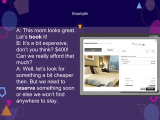 Example
A: This room looks great.
Let’s book it!
B: It’s a bit expensive,
don’t you think? $400!
Can we really afford that
much?
A: Well, let’s look for
something a bit cheaper
then. But we need to
reserve something soon
or else we won’t find
anywhere to stay.
 