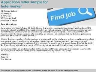 application letter as a worker in hotel
