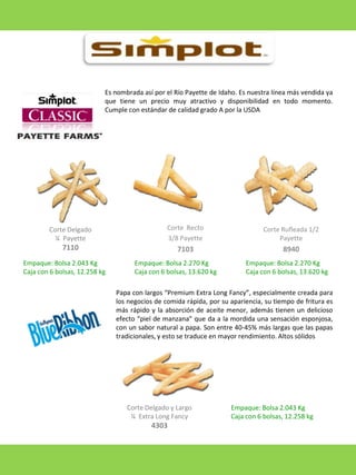 Es nombrada así por el Río Payette de Idaho. Es nuestra línea más vendida ya
que tiene un precio muy atractivo y disponibilidad en todo momento.
Cumple con estándar de calidad grado A por la USDA

Corte Delgado
¼ Payette

Corte Recto
3/8 Payette

Corte Rufleada 1/2
Payette

7110

7103

8940

Empaque: Bolsa 2.043 Kg
Caja con 6 bolsas, 12.258 kg

Empaque: Bolsa 2.270 Kg
Caja con 6 bolsas, 13.620 kg

Empaque: Bolsa 2.270 Kg
Caja con 6 bolsas, 13.620 kg

Papa con largos “Premium Extra Long Fancy”, especialmente creada para
los negocios de comida rápida, por su apariencia, su tiempo de fritura es
más rápido y la absorción de aceite menor, además tienen un delicioso
efecto “piel de manzana” que da a la mordida una sensación esponjosa,
con un sabor natural a papa. Son entre 40-45% más largas que las papas
tradicionales, y esto se traduce en mayor rendimiento. Altos sólidos

Corte Delgado y Largo
¼ Extra Long Fancy

4303

Empaque: Bolsa 2.043 Kg
Caja con 6 bolsas, 12.258 kg

 