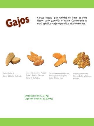 Conoce nuestra gran variedad de Gajos de papa
ideales como guarnición o botana. Complementa tu
menú y platillos y deja sorprendidos a tus comensales.

Sabor Natural
Corte 10 Cuña Rufleada

Sabor Ligeramente Picoso,
Dulce y Salado, Paprika
Corte 10 Cuña Lisa

Sabor Ligeramente Picoso,
Dulce y Salado, Paprika
Corte 8 Cuña Lisa

Empaque: Bolsa 2.27 Kg
Caja con 6 bolsas, 13.620 Kg

Sabor Ligeramente
Picoso, Dulce y Salado,
Paprika

 