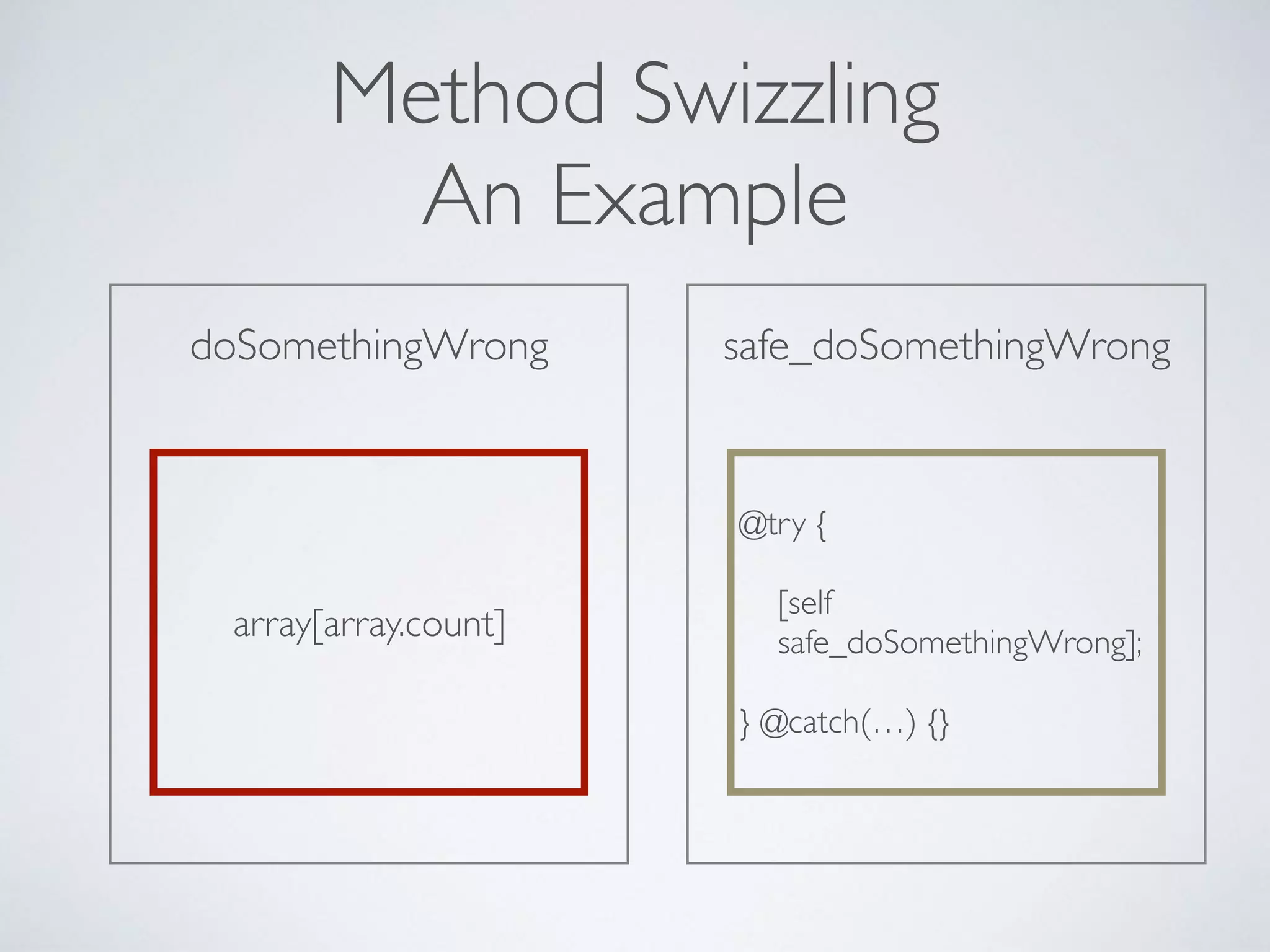doSomethingWrong
Method Swizzling
An Example
array[array.count]
safe_doSomethingWrong
@try { 
 
[self  
safe_doSomethingWrong]; 
 
} @catch(…) {}
 