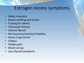 Estrogen excess symptoms
• Water retention
• Breast swelling and tender
• Craving for sweets
• Fibrocystic breasts
• Uterine fibroid
• Nervousness/anxiety/irritability
• Heavy irreg mense
• Fatigue
• Weight gain
• Mood swings
• Low thyroid symptoms
 