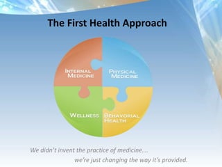 The First Health Approach
We didn’t invent the practice of medicine….
we’re just changing the way it’s provided.
 
