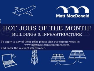 HOT JOBS OF THE MONTH!
BUILDINGS & INFRASTRUCTURE
To apply to any of these roles please visit our careers website:
www.mottmac.com/careers/search
and enter the relevant job number.
 