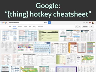 @jewlofthelotus
Google:
“{thing} hotkey cheatsheet”
 