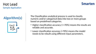 Hot Lead
Sample Application
Algorithm(s)
The Classification analytical process is used to classify
numeric and/or categorical data into two or more groups
based on predefined categories.
• Higher classification accuracy (>=70%) means the results are
reliable and accurate.
• Lower classification accuracy (<70%) means the model
needs to be rebuilt using different input parameters.
 