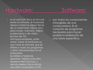    es el substrato físico en el cual      son todos los componentes
    existe el software. El hardware         intangibles de una
    abarca todas las piezas físicas         computadora. Es el
    de un ordenador (disco duro,
                                            conjunto de programas
    placa base, memoria, tarjeta
                                            necesarios para hacer
    aceleradora o de vídeo,
    lectora de CD,                          posible la realización de
    microprocesadores, entre                una tarea específica.
    otras). Sobre el hardware es
    que corre el software que se
    refiere a todos los programas
    y datos almacenados en el
    ordenador.
    Se refiere a todos los
    aparatos, tarjetas (circuitos
    impresos electrónicos), y
    demás objetos físicos de los
    que está compuesto un PC.
 