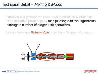 Extrusion Detail – Melting & Mixing


    Extrusion is a process which is used to create new materials
     with desirable properties by manipulating additive ingredients
     through a number of staged unit operations.

    Dosing – Metering – Melting – Mixing – Venting – Pumping – Forming – …




15/58   1   2   3   4   Introduction and Review of Extrusion
 