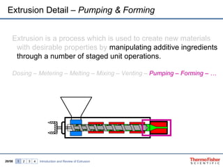Extrusion Detail – Pumping & Forming


    Extrusion is a process which is used to create new materials
     with desirable properties by manipulating additive ingredients
     through a number of staged unit operations.

    Dosing – Metering – Melting – Mixing – Venting – Pumping – Forming – …




20/58   1   2   3   4   Introduction and Review of Extrusion
 