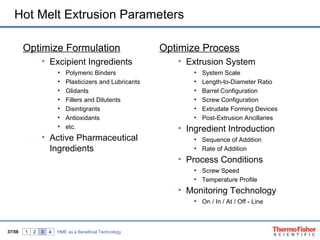 Hot Melt Extrusion Parameters

        Optimize Formulation                              Optimize Process
                • Excipient Ingredients                      • Extrusion System
                        •   Polymeric Binders                    •   System Scale
                        •   Plasticizers and Lubricants          •   Length-to-Diameter Ratio
                        •   Glidants                             •   Barrel Configuration
                        •   Fillers and Dilutents                •   Screw Configuration
                        •   Disintigrants                        •   Extrudate Forming Devices
                        •   Antioxidants                         •   Post-Extrusion Ancillaries
                        •   etc.                             • Ingredient Introduction
                • Active Pharmaceutical                          • Sequence of Addition
                  Ingredients                                    • Rate of Addition
                                                             • Process Conditions
                                                                 • Screw Speed
                                                                 • Temperature Profile
                                                             • Monitoring Technology
                                                                 • On / In / At / Off - Line



37/58   1   2   3   4   HME as a Beneficial Technology
 