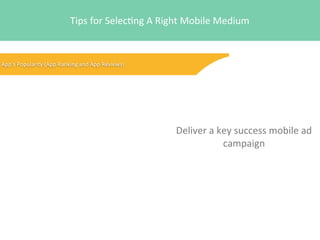 Tips	
  for	
  Selec4ng	
  A	
  Right	
  Mobile	
  Medium

App’s	
  Popularity	
  (App	
  Ranking	
  and	
  App	
  Reviews)

Deliver	
  a	
  key	
  success	
  mobile	
  ad	
  
campaign

 