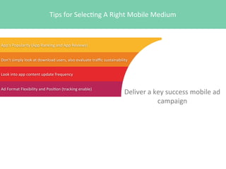 Tips	
  for	
  Selec4ng	
  A	
  Right	
  Mobile	
  Medium

App’s	
  Popularity	
  (App	
  Ranking	
  and	
  App	
  Reviews)
Don’t	
  simply	
  look	
  at	
  download	
  users,	
  also	
  evaluate	
  traﬃc	
  sustainability
Look	
  into	
  app	
  content	
  update	
  frequency
Ad	
  Format	
  Flexibility	
  and	
  Posi4on	
  (tracking	
  enable)

Deliver	
  a	
  key	
  success	
  mobile	
  ad	
  
campaign

 