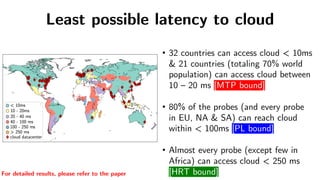 Least possible latency to cloud
• 32 countries can access cloud < 10ms
& 21 countries (totaling 70% world
population) can access cloud between
10 – 20 ms [MTP bound]
• 80% of the probes (and every probe
in EU, NA & SA) can reach cloud
within < 100ms [PL bound]
• Almost every probe (except few in
Africa) can access cloud < 250 ms
[HRT bound]
For detailed results, please refer to the paper
 