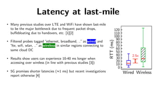 Latency at last-mile
Wired
120
110
100
10
0
20
30
40
50
60
70
80
90
RTT
(ms)
Wireless
2.5x
• Many previous studies over LTE and WiFi have shown last-mile
to be the major bottleneck due to frequent packet drops,
buffebloating due to handovers, etc. [1][2]
• Filtered probes tagged “ethernet, broadband, ..” as wired and
“lte, wifi, wlan, ..” as wireless in similar regions connecting to
same cloud DC
• Results show users can experience 10-40 ms longer when
accessing over wireless (in line with previous studies [3])
• 5G promises shorter latencies (≈1 ms) but recent investigations
report otherwise [4]
 