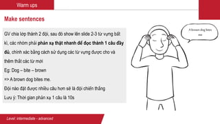 Warm ups
Make sentences
GV chia lớp thành 2 đội, sau đó show lên slide 2-3 từ vựng bất
kì, các nhóm phải phản xạ thật nhanh để đọc thành 1 câu đầy
đủ, chính xác bằng cách sử dụng các từ vựng được cho và
thêm thắt các từ mới
Eg: Dog – bite – brown
=> A brown dog bites me.
Đội nào đặt được nhiều câu hơn sẽ là đội chiến thắng
Lưu ý: Thời gian phản xạ 1 câu là 10s
Level: intermediate - advanced
A brown dog bites
me
 