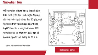Mỗi người sẽ viết ra ba sự thật về bản
thân mình (Tên, Sở Thích, Nghề Nghiệp)
vào một mảnh giấy trắng. Sau 30 giây, mọi
người vo tròn và ném các quả “bóng
tuyết” theo các hướng khác nhau. Mỗi
người sau đó sẽ nhặt một quả, đọc và
đoán ra người viết thông tin đó là ai.
Snowball fun
Level: Pre-intermediate - Advanced
Icebreaker game
 
