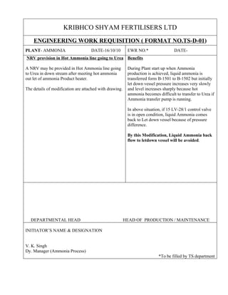 Hot nh3 line nrv provision