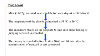 Procedure
Mice (18-22g) are used, reared in lab. for some days & acclimatise it
The temperature of the plate is maintained is 55 °C to 56 °C
The animal are placed on the hot plate & time until either licking or
jumping occurred is recorded
The latency is recorded before & after 20,60 and 90 min. after the
administration of standard or test compound
 