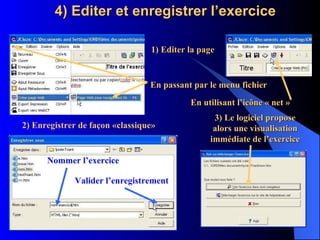 4) Editer et enregistrer l’exercice 1) Editer la page En utilisant l’icône « net » Nommer l’exercice Valider l’enregistrement 3) Le logiciel propose alors une visualisation immédiate de l’exercice 2) Enregistrer de façon «classique» En passant par le menu fichier 