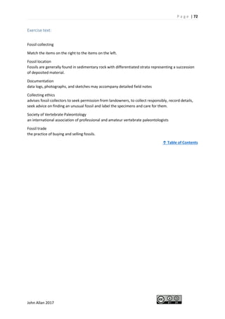 P a g e | 72
John Allan 2017
Exercise text:
Fossil collecting
Match the items on the right to the items on the left.
Fossil location
Fossils are generally found in sedimentary rock with differentiated strata representing a succession
of deposited material.
Documentation
data logs, photographs, and sketches may accompany detailed field notes
Collecting ethics
advises fossil collectors to seek permission from landowners, to collect responsibly, record details,
seek advice on finding an unusual fossil and label the specimens and care for them.
Society of Vertebrate Paleontology
an international association of professional and amateur vertebrate paleontologists
Fossil trade
the practice of buying and selling fossils.
↑ Table of Contents
 