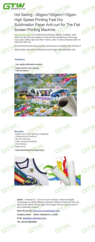Hot selling--90gsm/100gsm/110gsm High Speed Printing Fast Dry Sublimation Paper Anti-curl for The Flat Screen Printing Machine