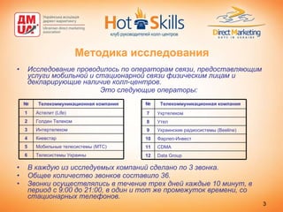 Методика исследования Исследование проводилось по операторам связи, предоставляющим услуги мобильной и стационарной связи физическим лицам и декларирующие наличие колл-центров.  Это следующие операторы: В каждую из исследуемых компаний сделано по 3 звонка.  Общее количество звонков составило 36. Звонки осуществлялись в течение трех дней каждые 10 минут, в период с 9:00 до 21:00, в один и тот же промежуток времени, со стационарных телефонов.  Астелит ( Life ) 1 Телесистемы Украины 6 Мобильные телесистемы (МТС) 5 Киевстар 4 Интертелеком 3 Голден Телеком 2 Телекоммуникационная компания № CDMA  11 Data Group  12 Фарлеп-Инвест  10 Украинские радиосистемы (Beeline) 9 Утел  8 Укртелеком 7 Телекоммуникационная компания № 