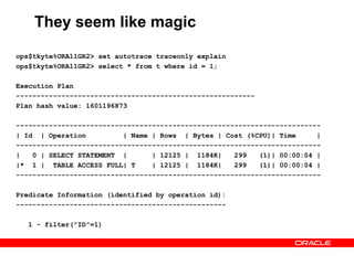 They seem like magic
ops$tkyte%ORA11GR2> set autotrace traceonly explain
ops$tkyte%ORA11GR2> select * from t where id = 1;
Execution Plan
----------------------------------------------------------
Plan hash value: 1601196873
--------------------------------------------------------------------------
| Id | Operation | Name | Rows | Bytes | Cost (%CPU)| Time |
--------------------------------------------------------------------------
| 0 | SELECT STATEMENT | | 12125 | 1184K| 299 (1)| 00:00:04 |
|* 1 | TABLE ACCESS FULL| T | 12125 | 1184K| 299 (1)| 00:00:04 |
--------------------------------------------------------------------------
Predicate Information (identified by operation id):
---------------------------------------------------
1 - filter("ID"=1)
 
