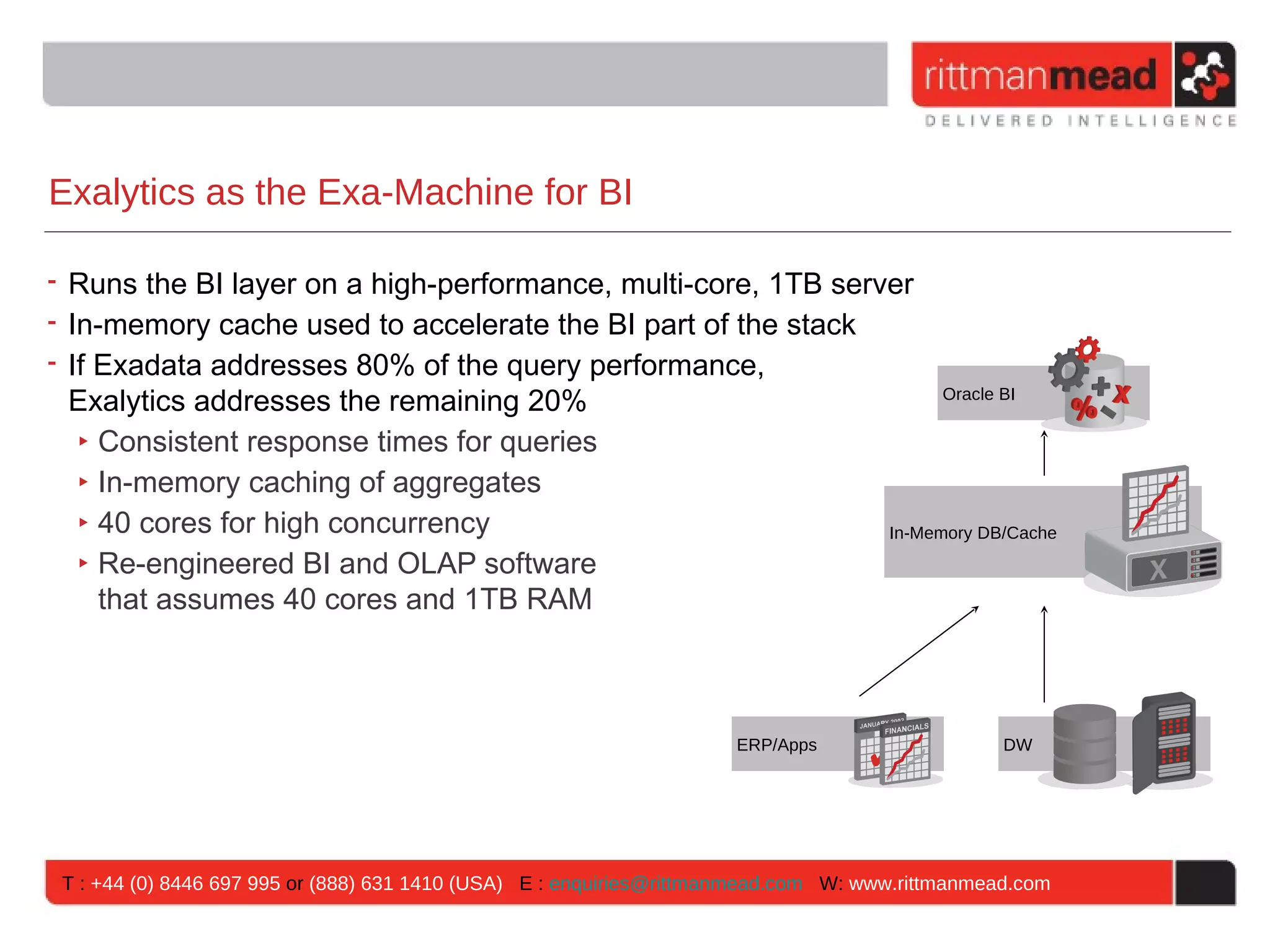 Exalytics as the Exa-Machine for BI

• Runs the BI layer on a high-performance, multi-core, 1TB server
• In-memory cache used to accelerate the BI part of the stack
• If Exadata addresses 80% of the query performance,
  Exalytics addresses the remaining 20%                              Oracle BI

   ‣ Consistent response times for queries
   ‣ In-memory caching of aggregates
   ‣ 40 cores for high concurrency                             In-Memory DB/Cache
   ‣ Re-engineered BI and OLAP software
     that assumes 40 cores and 1TB RAM



                                                                     ERP/Apps                    DW




 T : +44 (0) 8446 697 995 or (888) 631 1410 (USA) E : enquiries@rittmanmead.com W: www.rittmanmead.com
 