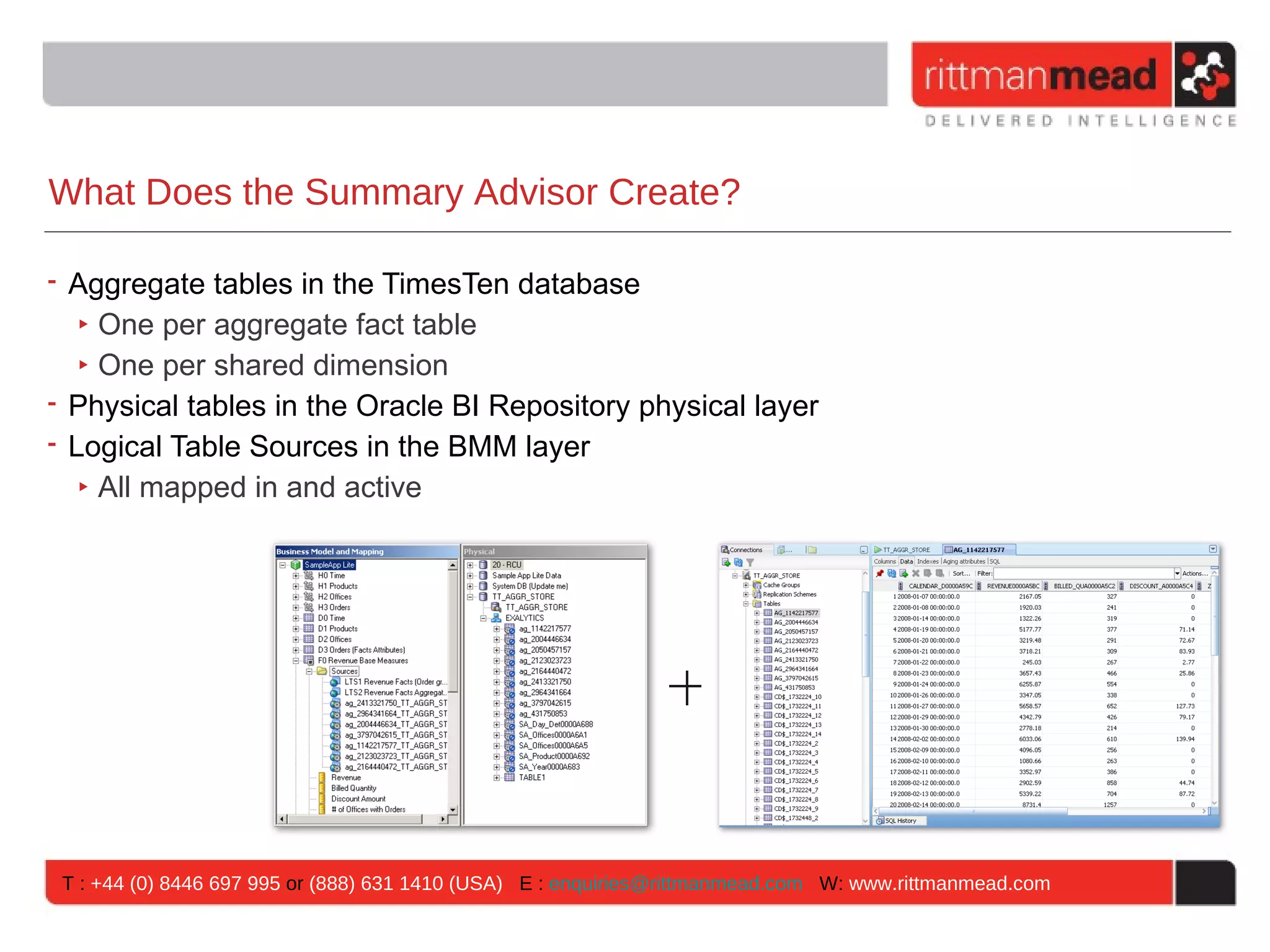 What Does the Summary Advisor Create?

• Aggregate tables in the TimesTen database
   ‣ One per aggregate fact table
   ‣ One per shared dimension
• Physical tables in the Oracle BI Repository physical layer
• Logical Table Sources in the BMM layer
   ‣ All mapped in and active




 T : +44 (0) 8446 697 995 or (888) 631 1410 (USA) E : enquiries@rittmanmead.com W: www.rittmanmead.com
 