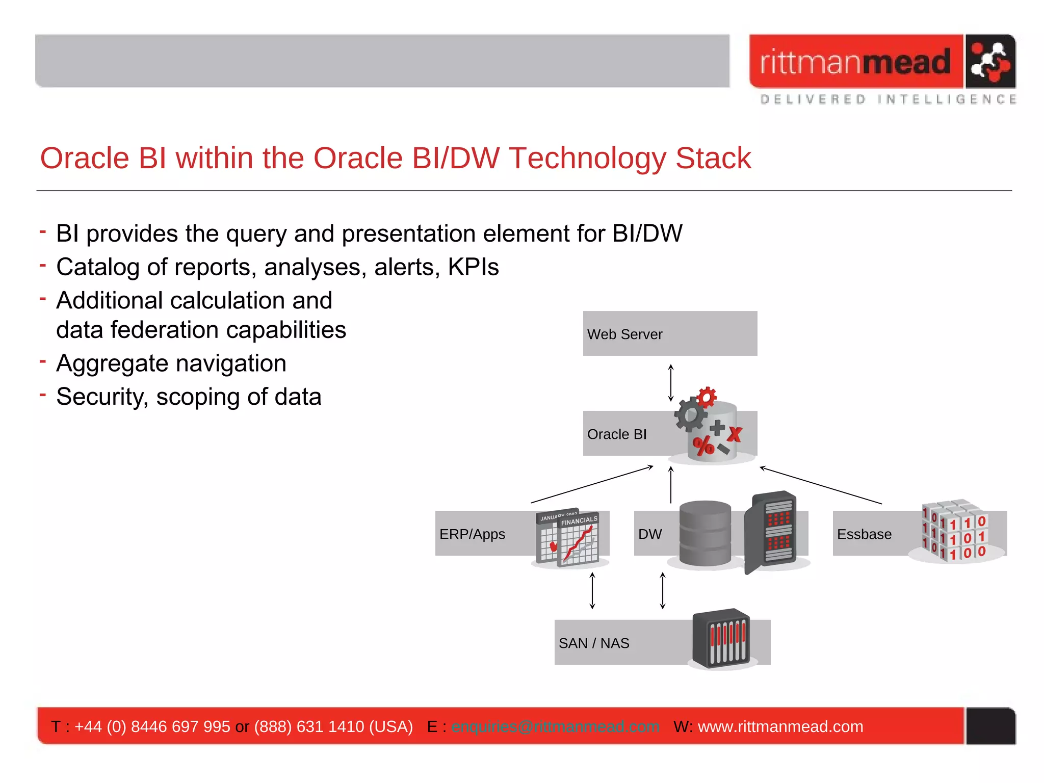 Oracle BI within the Oracle BI/DW Technology Stack

• BI provides the query and presentation element for BI/DW
• Catalog of reports, analyses, alerts, KPIs
• Additional calculation and
  data federation capabilities                    Web Server

• Aggregate navigation
• Security, scoping of data
                                                                   Oracle BI




                                                 ERP/Apps                   DW                    Essbase




                                                                SAN / NAS




 T : +44 (0) 8446 697 995 or (888) 631 1410 (USA) E : enquiries@rittmanmead.com W: www.rittmanmead.com
 