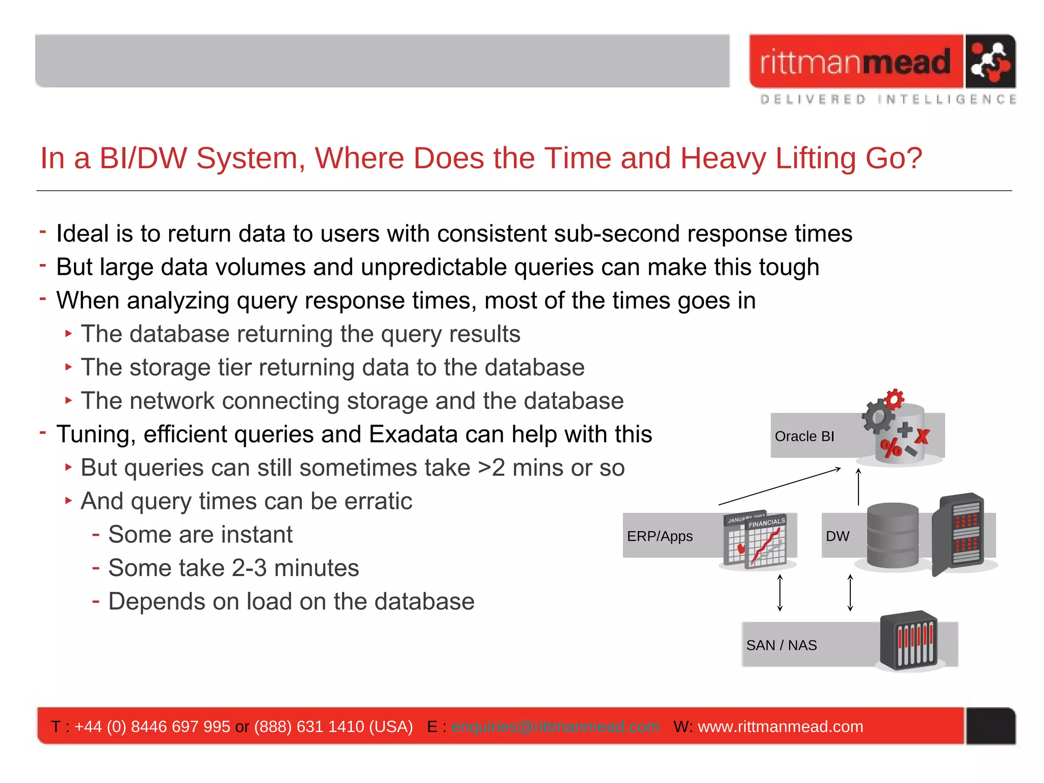 In a BI/DW System, Where Does the Time and Heavy Lifting Go?

• Ideal is to return data to users with consistent sub-second response times
• But large data volumes and unpredictable queries can make this tough
• When analyzing query response times, most of the times goes in
   ‣ The database returning the query results
   ‣ The storage tier returning data to the database
   ‣ The network connecting storage and the database
• Tuning, efficient queries and Exadata can help with this           Oracle BI

   ‣ But queries can still sometimes take >2 mins or so
   ‣ And query times can be erratic
      - Some are instant                                 ERP/Apps           DW

      - Some take 2-3 minutes
      - Depends on load on the database
                                                                                       SAN / NAS




 T : +44 (0) 8446 697 995 or (888) 631 1410 (USA) E : enquiries@rittmanmead.com W: www.rittmanmead.com
 