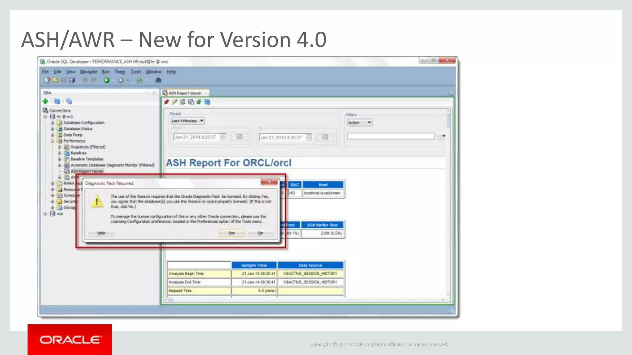 Copyright © 2014 Oracle and/or its affiliates. All rights reserved. |
Manage snapshots, baselines, generate reports & compares
 