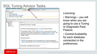 Copyright © 2014 Oracle and/or its affiliates. All rights reserved. |
Real Time SQL Monitoring (v4.1 and older)
Web View:
 EZ to get too 
Save report as
web file
 EM Flash
presentation
 Share with your
devs?
 