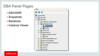 Copyright © 2014 Oracle and/or its affiliates. All rights reserved. |
• Accessed from the View menu
• Add Existing Connections
• Intended for HIGHLY privileged users
The DBA Panel, available as of v3.1
DBA Panel Pages
 