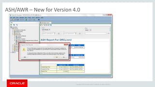 Copyright © 2014 Oracle and/or its affiliates. All rights reserved. |
Manage snapshots, baselines, generate reports & compares
 