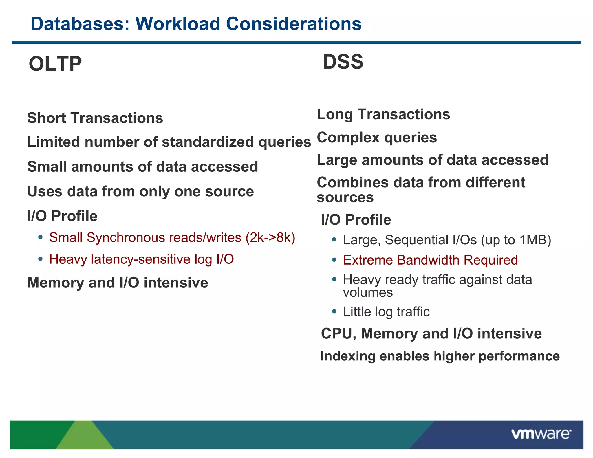 Databases: Workload Considerations

 OLTP                                              DSS

 Short Transactions                              Long Transactions
 Limited number of standardized queries Complex queries
  Small amounts of data accessed                 Large amounts of data accessed
                                                 Combines data from different
   Uses data from only one source                sources
    I/O Profile                                   I/O Profile
      •  Small Synchronous reads/writes (2k->8k)    •  Large, Sequential I/Os (up to 1MB)
      •  Heavy latency-sensitive log I/O            •  Extreme Bandwidth Required
     Memory and I/O intensive                       •  Heavy ready traffic against data
                                                      volumes
                                                   •  Little log traffic
                                                  CPU, Memory and I/O intensive
                                                  Indexing enables higher performance
 