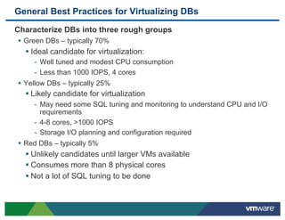 General Best Practices for Virtualizing DBs
 Characterize DBs into three rough groups
  •  Green DBs – typically 70%
     ! Ideal candidate for virtualization:
      -  Well tuned and modest CPU consumption
      -  Less than 1000 IOPS, 4 cores
 •  Yellow DBs – typically 25%
    ! Likely candidate for virtualization
      -  May need some SQL tuning and monitoring to understand CPU and I/O
         requirements
      -  4-8 cores, >1000 IOPS
      -  Storage I/O planning and configuration required
 •  Red DBs – typically 5%
    ! Unlikely candidates until larger VMs available
    ! Consumes more than 8 physical cores
    ! Not a lot of SQL tuning to be done
 