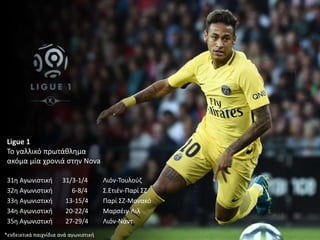 Ligue 1
Το γαλλικό πρωτάθλημα
ακόμα μία χρονιά στην Nova
31η Αγωνιστική 31/3-1/4 Λιόν-Τουλούζ
32η Αγωνιστική 6-8/4 Σ.Ετιέν-Παρί ΣΖ
33η Αγωνιστική 13-15/4 Παρί ΣΖ-Μονακό
34η Αγωνιστική 20-22/4 Μαρσέιγ-Λιλ
35η Αγωνιστική 27-29/4 Λιόν-Ναντ
*ενδεικτικά παιχνίδια ανά αγωνιστική
 