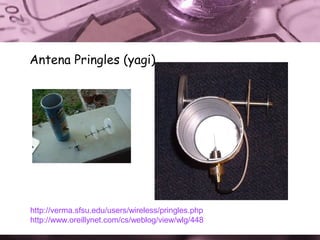 Antena Pringles (yagi)

http://verma.sfsu.edu/users/wireless/pringles.php
http://www.oreillynet.com/cs/weblog/view/wlg/448

 