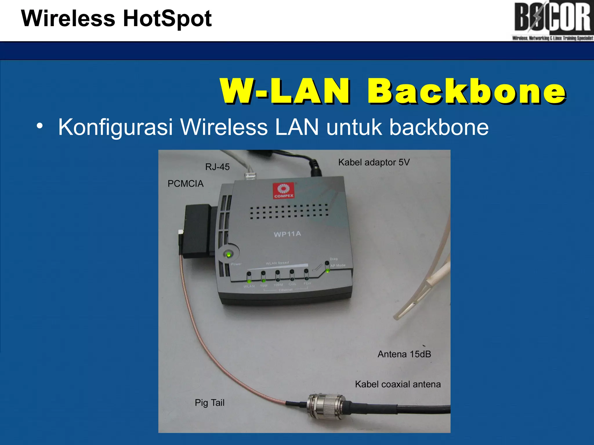 W-LAN BackboneW-LAN Backbone
• Konfigurasi Wireless LAN untuk backbone
Wireless HotSpot
 