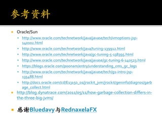    Oracle/Sun
     http://www.oracle.com/technetwork/java/javase/tech/vmoptions-jsp-
        140102.html
       http://www.oracle.com/technetwork/java/tuning-139912.html
       http://www.oracle.com/technetwork/java/gc-tuning-5-138395.html
       http://www.oracle.com/technetwork/java/javase/gc-tuning-6-140523.html
       https://blogs.oracle.com/poonam/entry/understanding_cms_gc_logs
       http://www.oracle.com/technetwork/java/javase/tech/g1-intro-jsp-
        135488.html
       http://docs.oracle.com/cd/E13150_01/jrockit_jvm/jrockit/geninfo/diagnos/garb
        age_collect.html
   http://blog.dynatrace.com/2011/05/11/how-garbage-collection-differs-in-
    the-three-big-jvms/

   感谢Bluedavy与RednaxelaFX
 