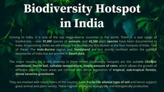 Biodiversity Hotspot
in India
Coming to India, it is one of the top mega-diverse countries in the world. There is a vast range of
biodiversity – over 91,000 species of animals, and 45,500 plant species have been documented in
India. In upcoming slides we will discuss the biodiversity distribution in the four hotspots of India. Two
of these: The Indo-Burma region and Sundaland are not strictly confined within the political
boundaries of India but are present in South Asia.
The major reasons for a rich diversity in these Indian biodiversity hotspots are the suitable climatic
conditions, fertile soil, suitable temperature, ample amount of rains, which allows the growth of
different plants. These areas are covered with dense vegetation of tropical, sub-tropical forests,
dense savanna grasslands.
They are marked with major rivers of the country, have the fertile alluvial type of soil and hence support
great animal and plant variety. These regions are highly ecologically and energetically productive.
 