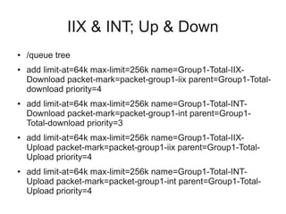 IIX & INT; Up & Down 
● /queue tree 
● add limit-at=64k max-limit=256k name=Group1-Total-IIX-Download 
packet-mark=packet-group1-iix parent=Group1-Total-download 
priority=4 
● add limit-at=64k max-limit=256k name=Group1-Total-INT-Download 
packet-mark=packet-group1-int parent=Group1- 
Total-download priority=3 
● add limit-at=64k max-limit=256k name=Group1-Total-IIX-Upload 
packet-mark=packet-group1-iix parent=Group1-Total- 
Upload priority=4 
● add limit-at=64k max-limit=256k name=Group1-Total-INT-Upload 
packet-mark=packet-group1-int parent=Group1-Total- 
Upload priority=4 
 